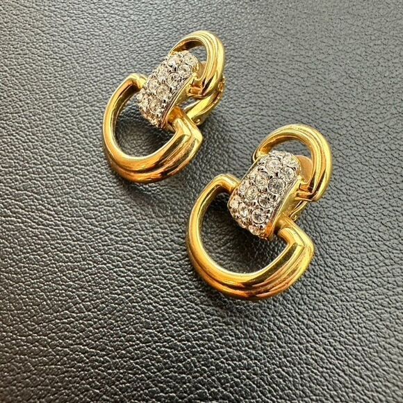Signed Swarovski Golt tone Pave Crystal Set Door Knocker Clip on Earrings - Picture 3 of 6